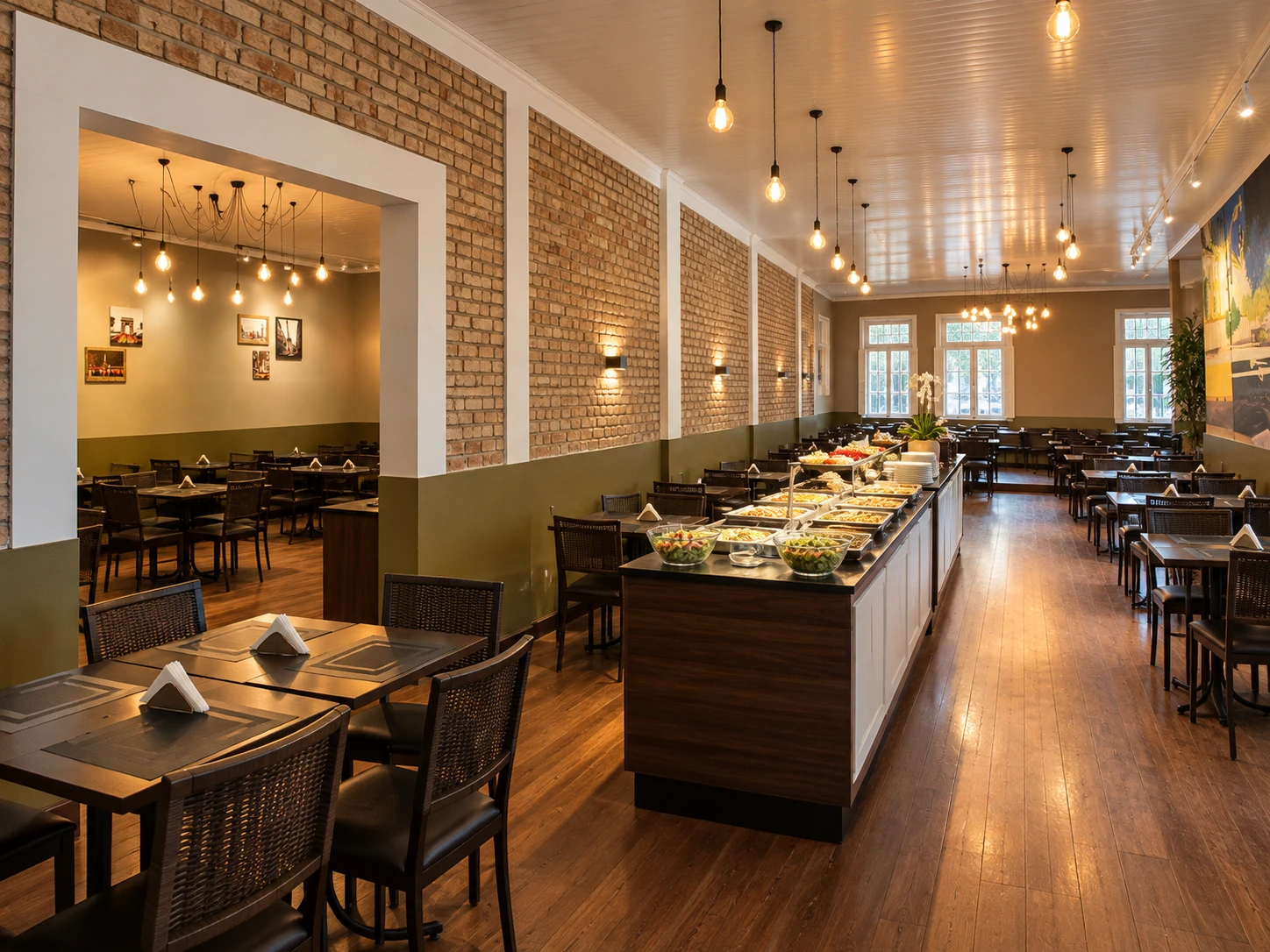 Ambiente real do restaurante Temperandus, com buffet e mesas